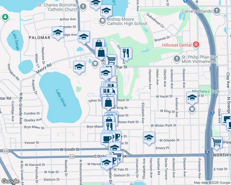 map of restaurants, bars, coffee shops, grocery stores, and more near 3022 Fairway Lane in Orlando