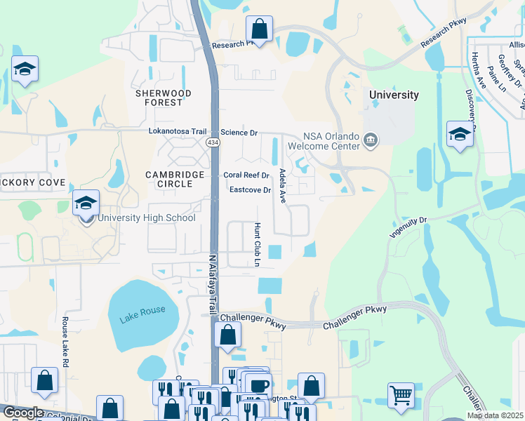 map of restaurants, bars, coffee shops, grocery stores, and more near 2823 Hunt Club Lane in Orlando