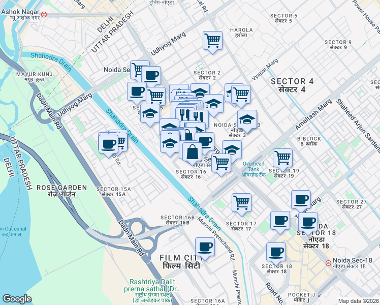 map of restaurants, bars, coffee shops, grocery stores, and more near in Noida