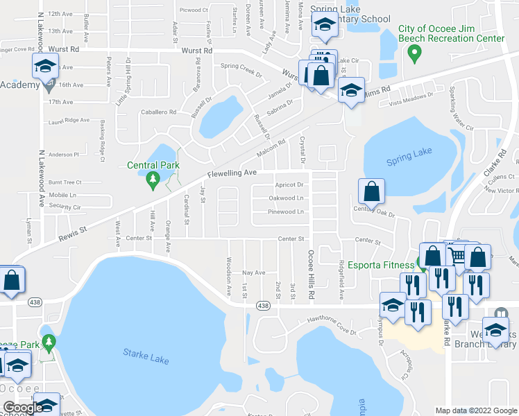 map of restaurants, bars, coffee shops, grocery stores, and more near 1006 Pinewood Lane in Ocoee