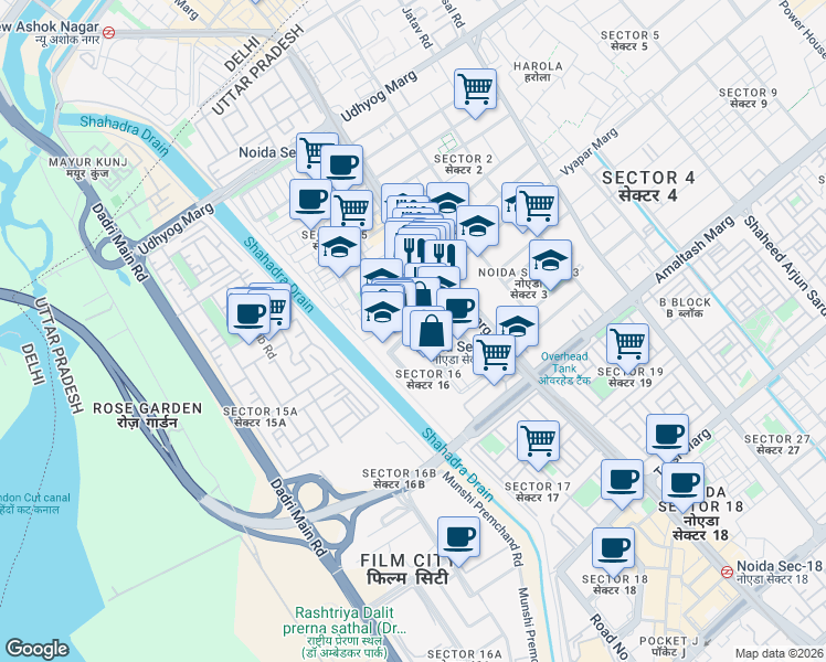 map of restaurants, bars, coffee shops, grocery stores, and more near in Noida