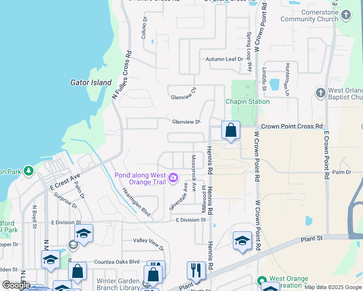 map of restaurants, bars, coffee shops, grocery stores, and more near 703 Bainbridge Loop in Winter Garden