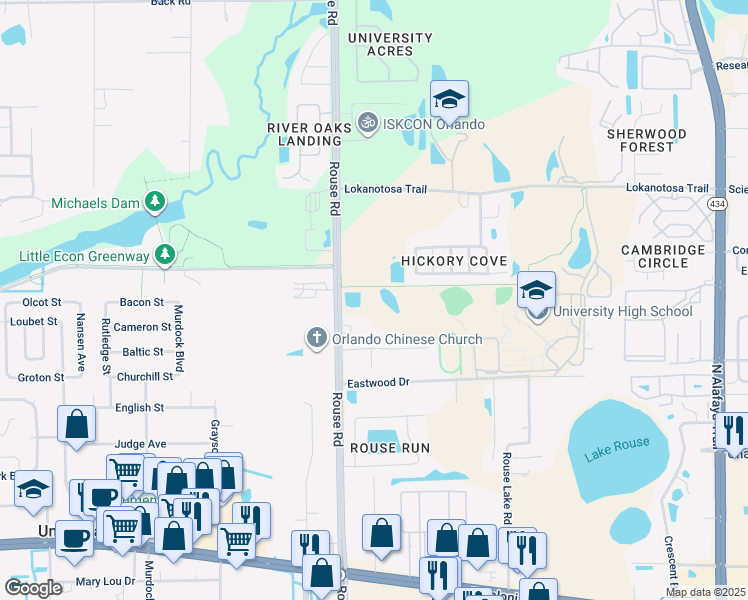 map of restaurants, bars, coffee shops, grocery stores, and more near 11220 Pinewood Cove Lane in Orlando