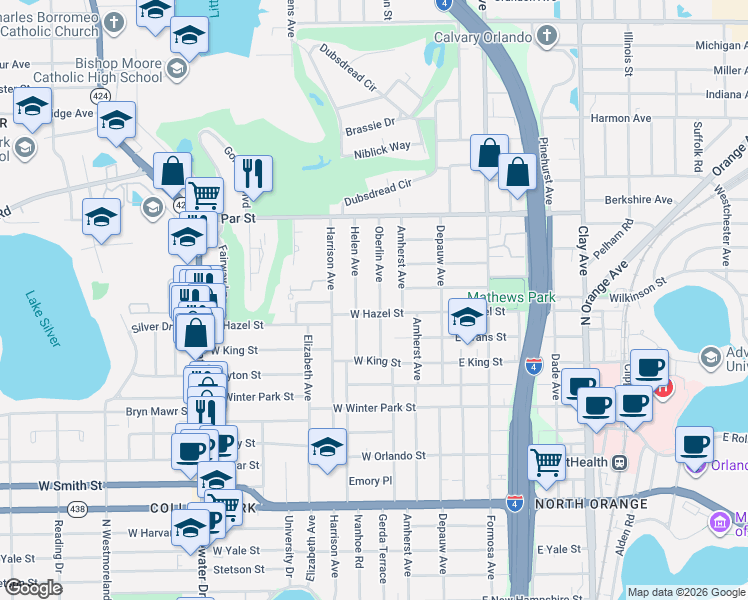 map of restaurants, bars, coffee shops, grocery stores, and more near 3029 Helen Avenue in Orlando