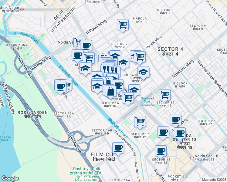 map of restaurants, bars, coffee shops, grocery stores, and more near in Noida