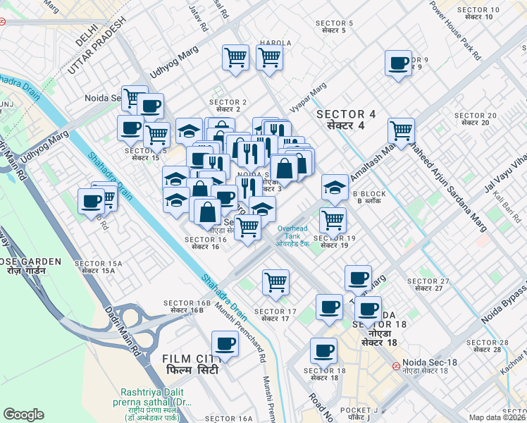 map of restaurants, bars, coffee shops, grocery stores, and more near in Noida