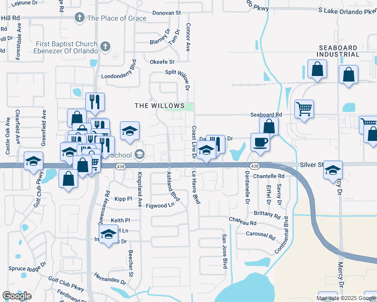 map of restaurants, bars, coffee shops, grocery stores, and more near 4757 Silver Star Road in Orlando