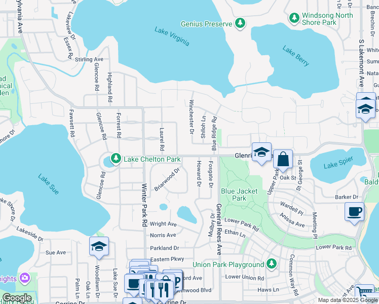 map of restaurants, bars, coffee shops, grocery stores, and more near 660 Arjay Way in Winter Park