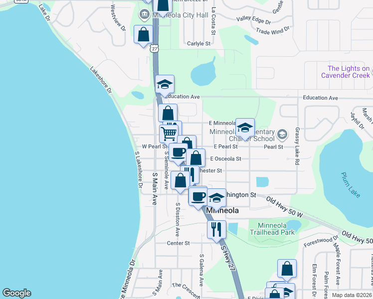 map of restaurants, bars, coffee shops, grocery stores, and more near 250 West Pearl Street in Minneola