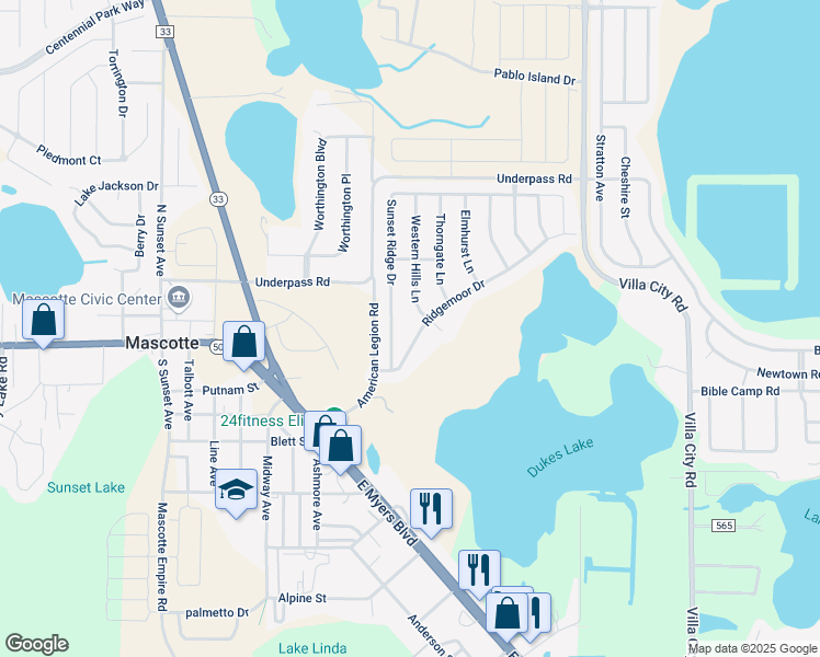 map of restaurants, bars, coffee shops, grocery stores, and more near 1805 Western Hills Lane in Mascotte