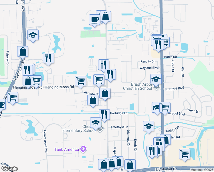 map of restaurants, bars, coffee shops, grocery stores, and more near North Forsyth Road & Hanging Moss Road in Orlando