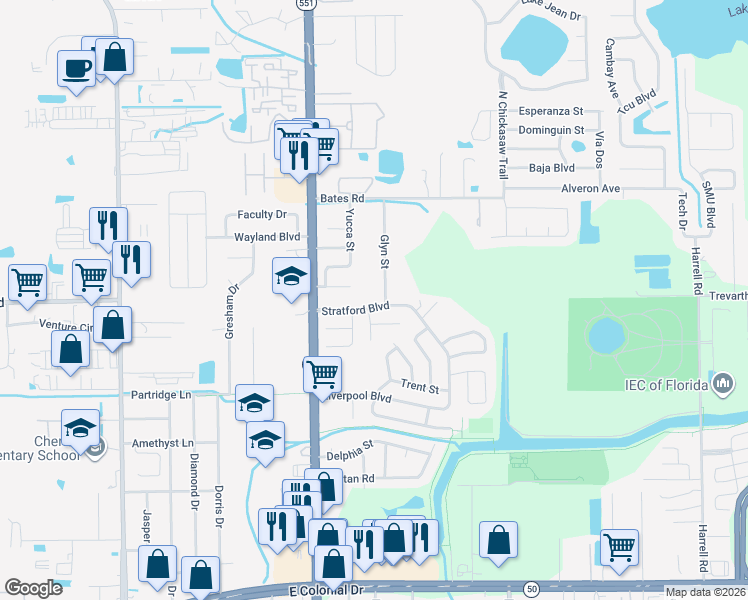 map of restaurants, bars, coffee shops, grocery stores, and more near 2600 Glyn Street in Orlando