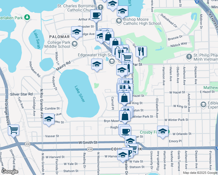 map of restaurants, bars, coffee shops, grocery stores, and more near 3100 Edgewater Drive in Orlando