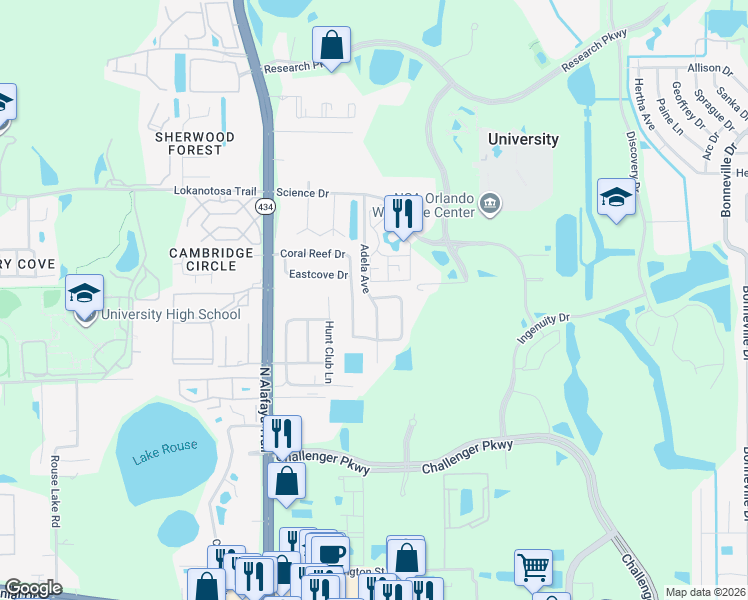 map of restaurants, bars, coffee shops, grocery stores, and more near 12383 Antonio Circle in Orlando
