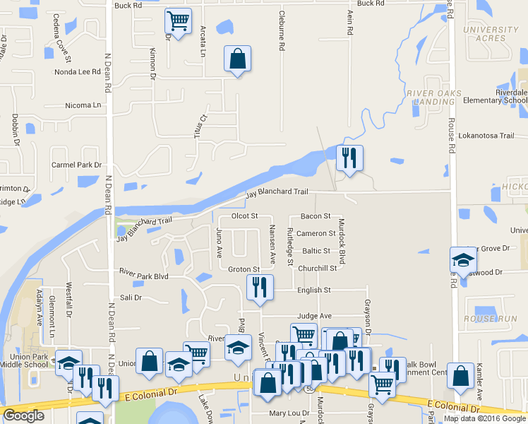 map of restaurants, bars, coffee shops, grocery stores, and more near 10419 Olcot Street in Orlando