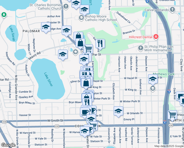 map of restaurants, bars, coffee shops, grocery stores, and more near 3036 Fairway Lane in Orlando