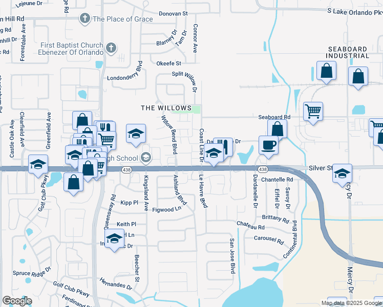 map of restaurants, bars, coffee shops, grocery stores, and more near 4757 Silver Star Road in Orlando