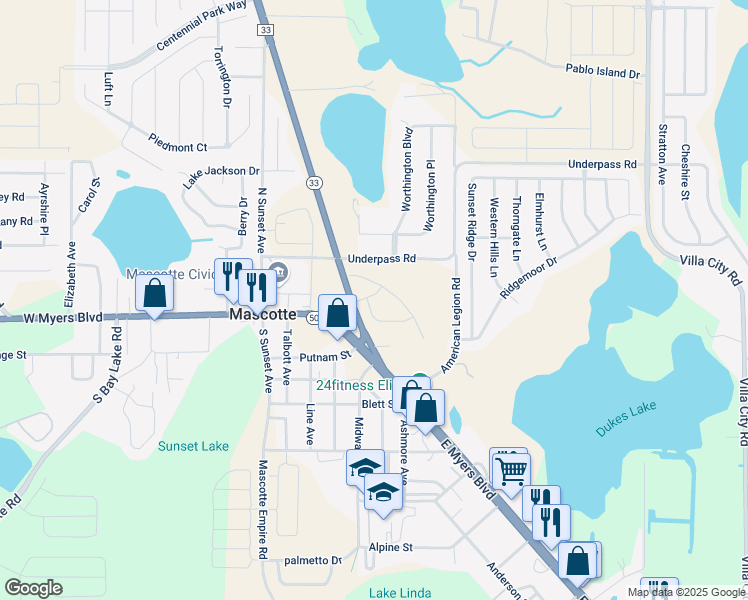 map of restaurants, bars, coffee shops, grocery stores, and more near 4207 Underpass Road in Mascotte
