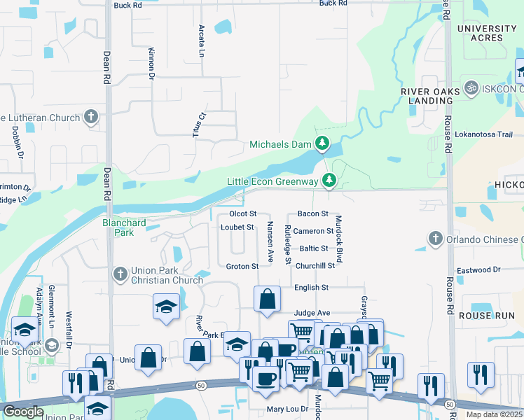 map of restaurants, bars, coffee shops, grocery stores, and more near 10419 Olcot Street in Orlando