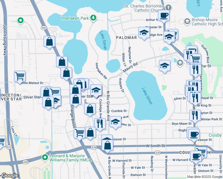 map of restaurants, bars, coffee shops, grocery stores, and more near 1431 Knollwood Street in Orlando