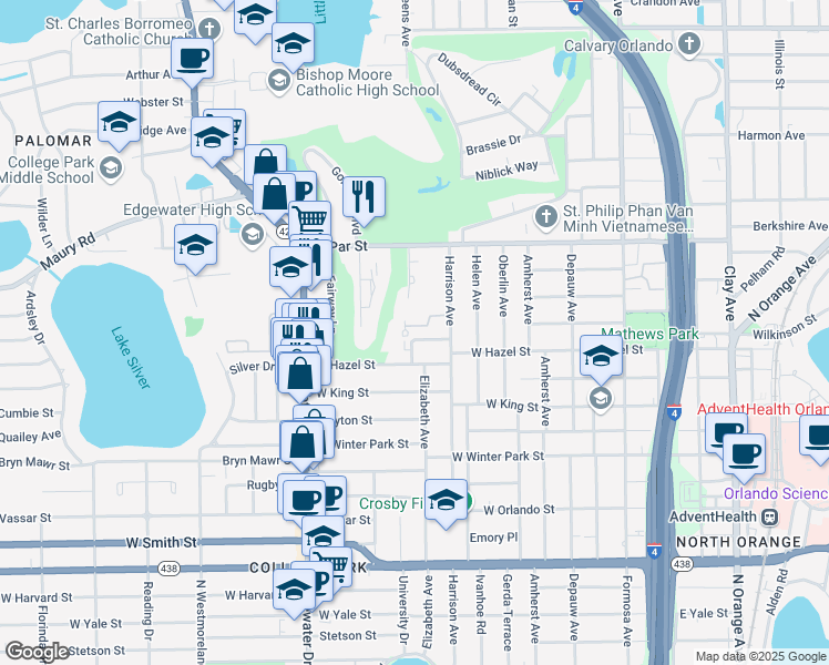 map of restaurants, bars, coffee shops, grocery stores, and more near 505 Hazel Court in Orlando