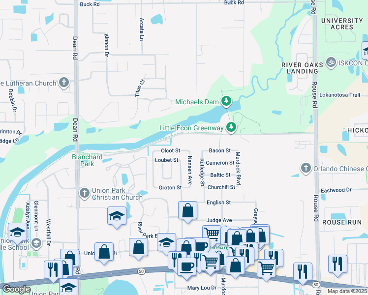 map of restaurants, bars, coffee shops, grocery stores, and more near 10419 Olcot Street in Orlando
