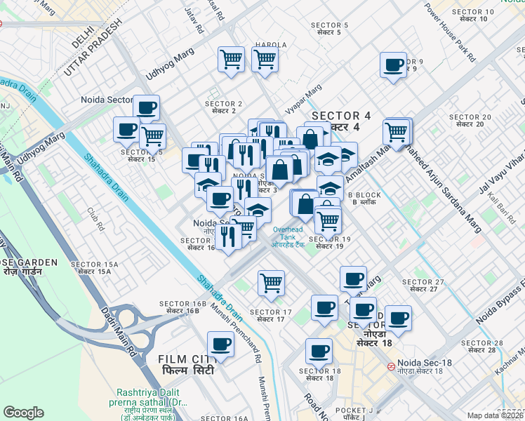 map of restaurants, bars, coffee shops, grocery stores, and more near in Noida