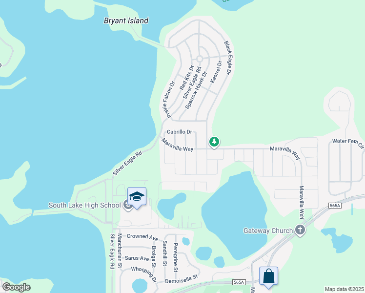 map of restaurants, bars, coffee shops, grocery stores, and more near 305 Azores Place in Groveland