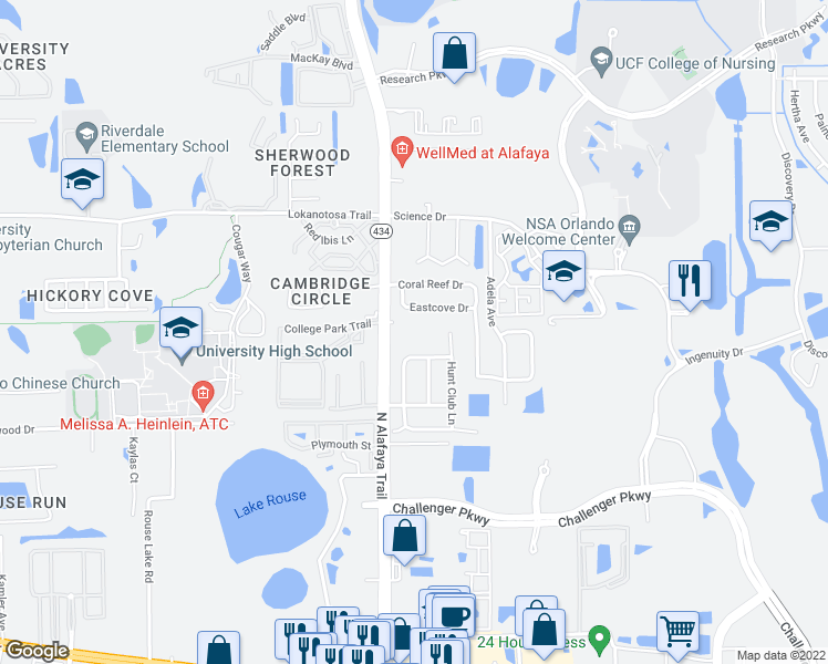 map of restaurants, bars, coffee shops, grocery stores, and more near 12101 Renaissance Court in Orlando