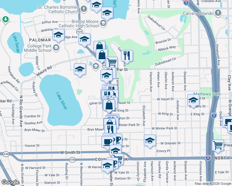 map of restaurants, bars, coffee shops, grocery stores, and more near 3036 Fairway Lane in Orlando