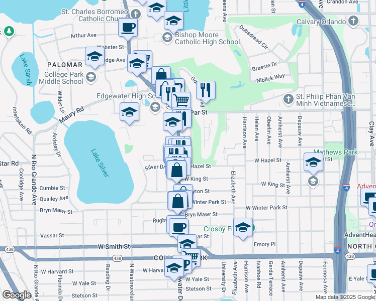 map of restaurants, bars, coffee shops, grocery stores, and more near 3036 Fairway Lane in Orlando