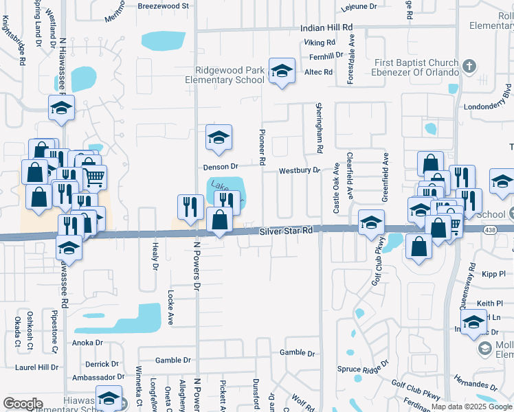 map of restaurants, bars, coffee shops, grocery stores, and more near 2711 Pioneer Road in Orlando