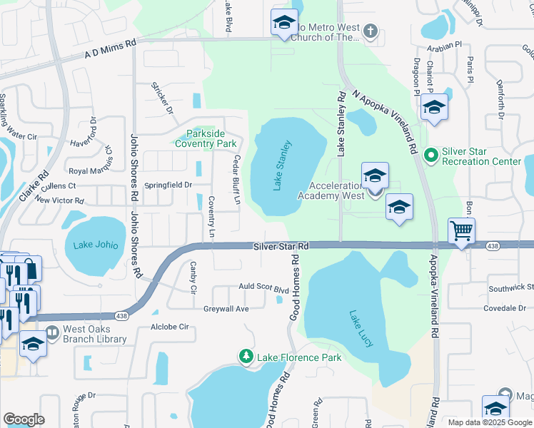 map of restaurants, bars, coffee shops, grocery stores, and more near 8505 Silver Star Road in Orlando