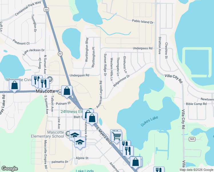 map of restaurants, bars, coffee shops, grocery stores, and more near 1805 Western Hills Lane in Mascotte