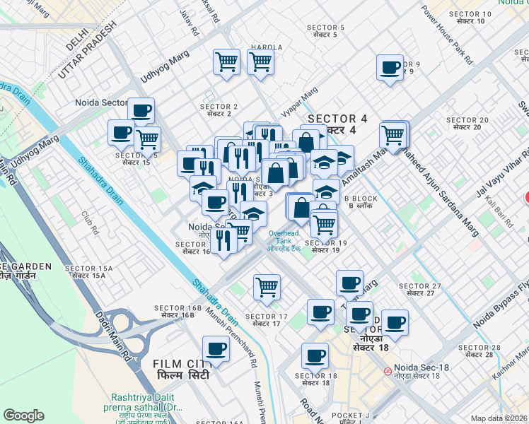 map of restaurants, bars, coffee shops, grocery stores, and more near in Noida