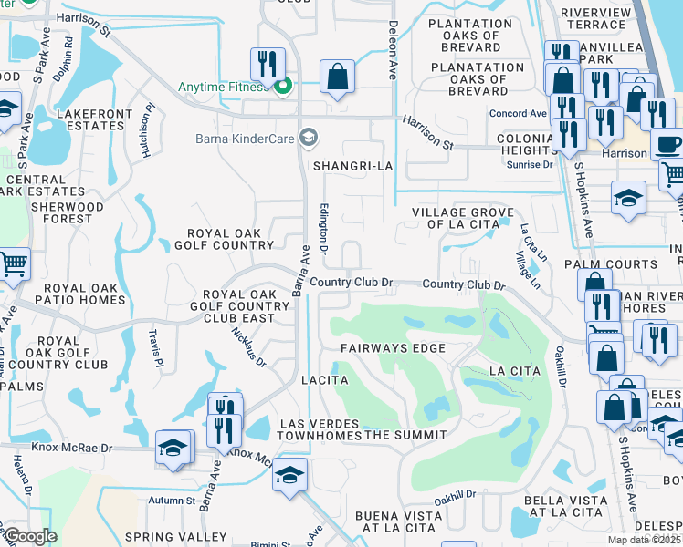 map of restaurants, bars, coffee shops, grocery stores, and more near 1224 Country Club Drive in Titusville