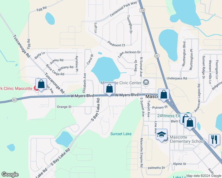 map of restaurants, bars, coffee shops, grocery stores, and more near 140 West Myers Boulevard in Mascotte