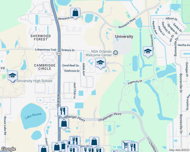 map of restaurants, bars, coffee shops, grocery stores, and more near 2804 Technology Parkway in Orlando