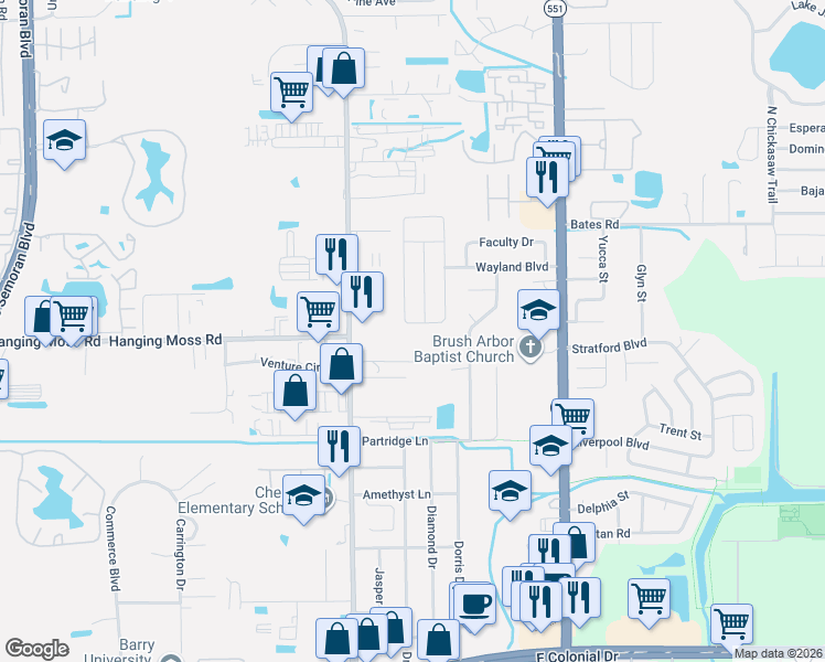 map of restaurants, bars, coffee shops, grocery stores, and more near 1302 Tree Lane in Orlando