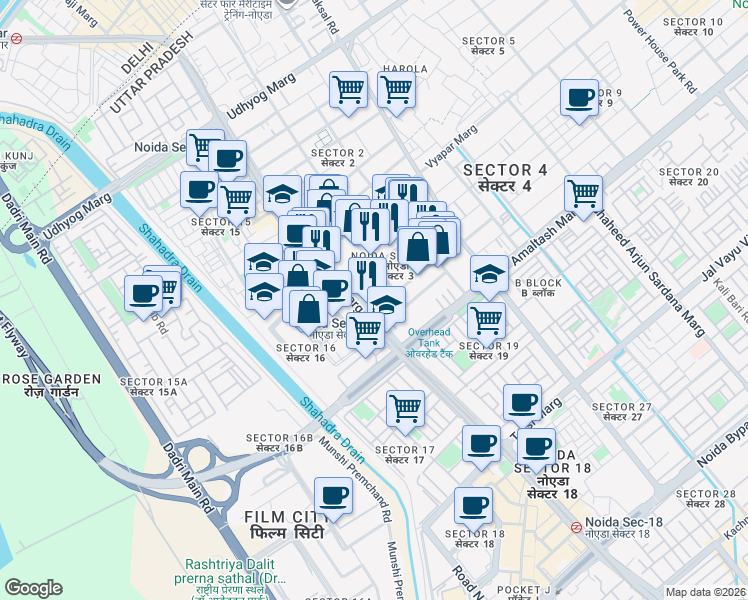map of restaurants, bars, coffee shops, grocery stores, and more near in Noida