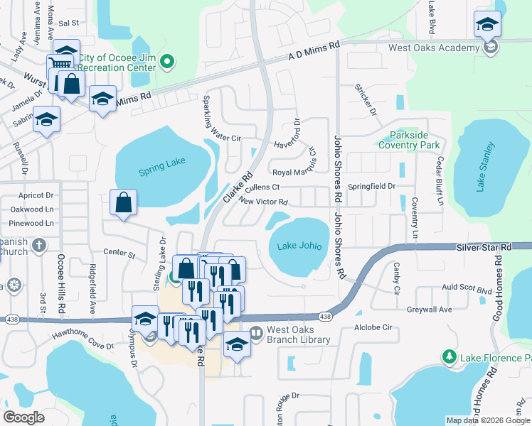 map of restaurants, bars, coffee shops, grocery stores, and more near 2124 New Victor Road in Ocoee