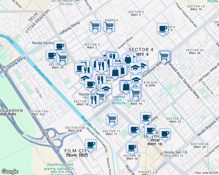 map of restaurants, bars, coffee shops, grocery stores, and more near in Noida