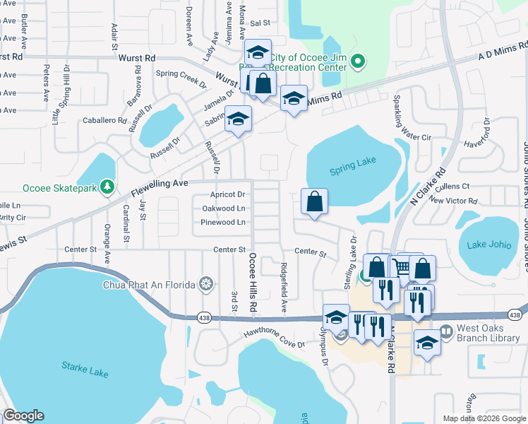 map of restaurants, bars, coffee shops, grocery stores, and more near 1407 Kimberly Street in Ocoee