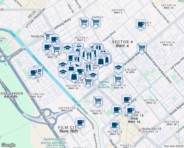 map of restaurants, bars, coffee shops, grocery stores, and more near in Noida