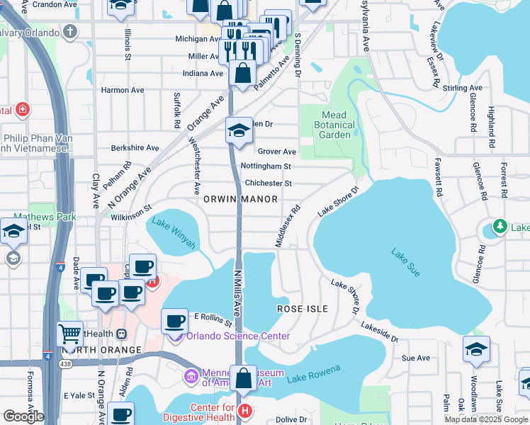 map of restaurants, bars, coffee shops, grocery stores, and more near 1235 Ayrshire Street in Orlando