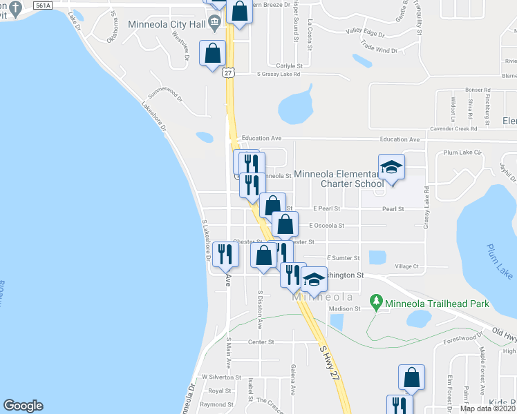 map of restaurants, bars, coffee shops, grocery stores, and more near 250 West Pearl Street in Minneola