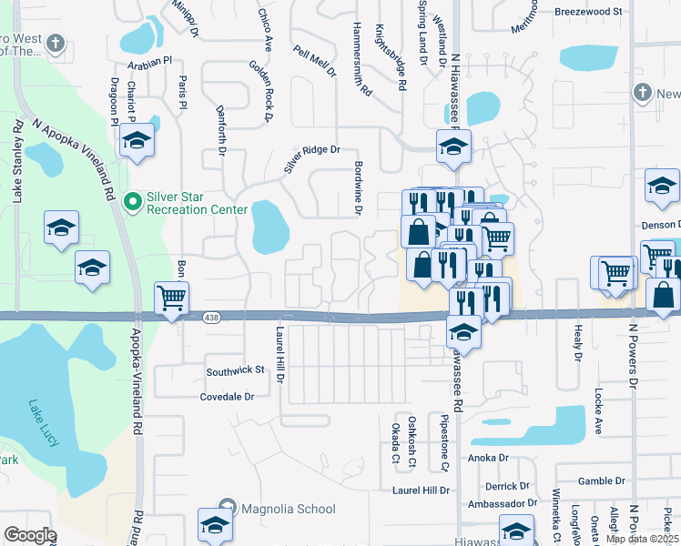 map of restaurants, bars, coffee shops, grocery stores, and more near 2814 Silkwood Circle in Orlando