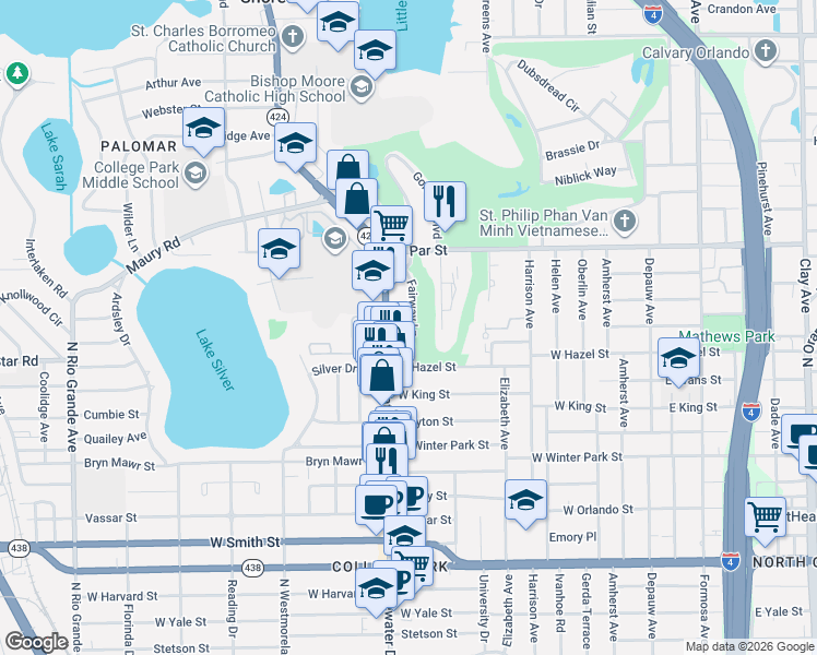 map of restaurants, bars, coffee shops, grocery stores, and more near 3036 Fairway Lane in Orlando