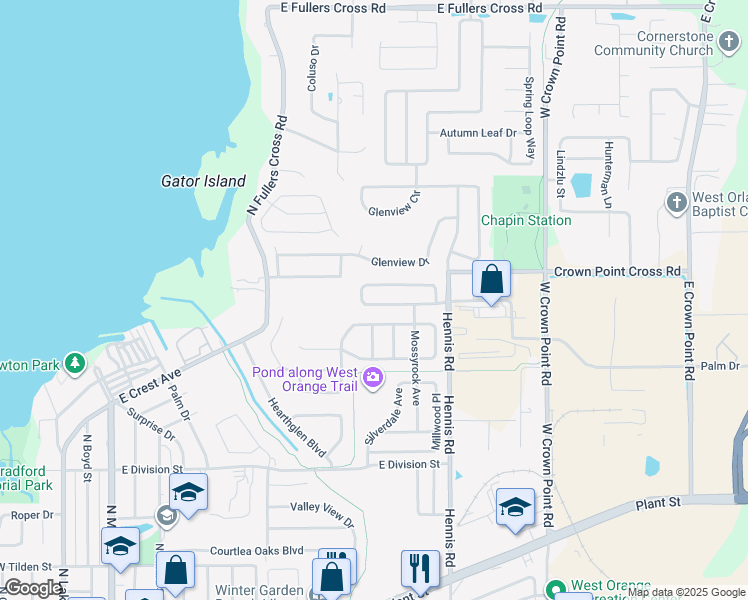 map of restaurants, bars, coffee shops, grocery stores, and more near 720 Bainbridge Loop in Winter Garden