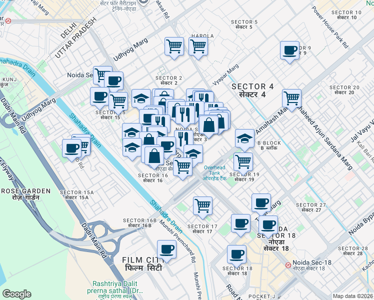 map of restaurants, bars, coffee shops, grocery stores, and more near in Noida